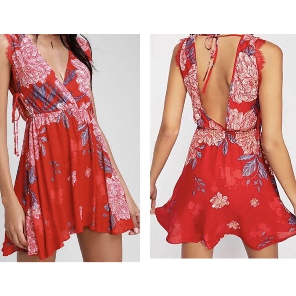 Free People Red Floral Wrap-Back Maxi Dress with Pink Blooms
